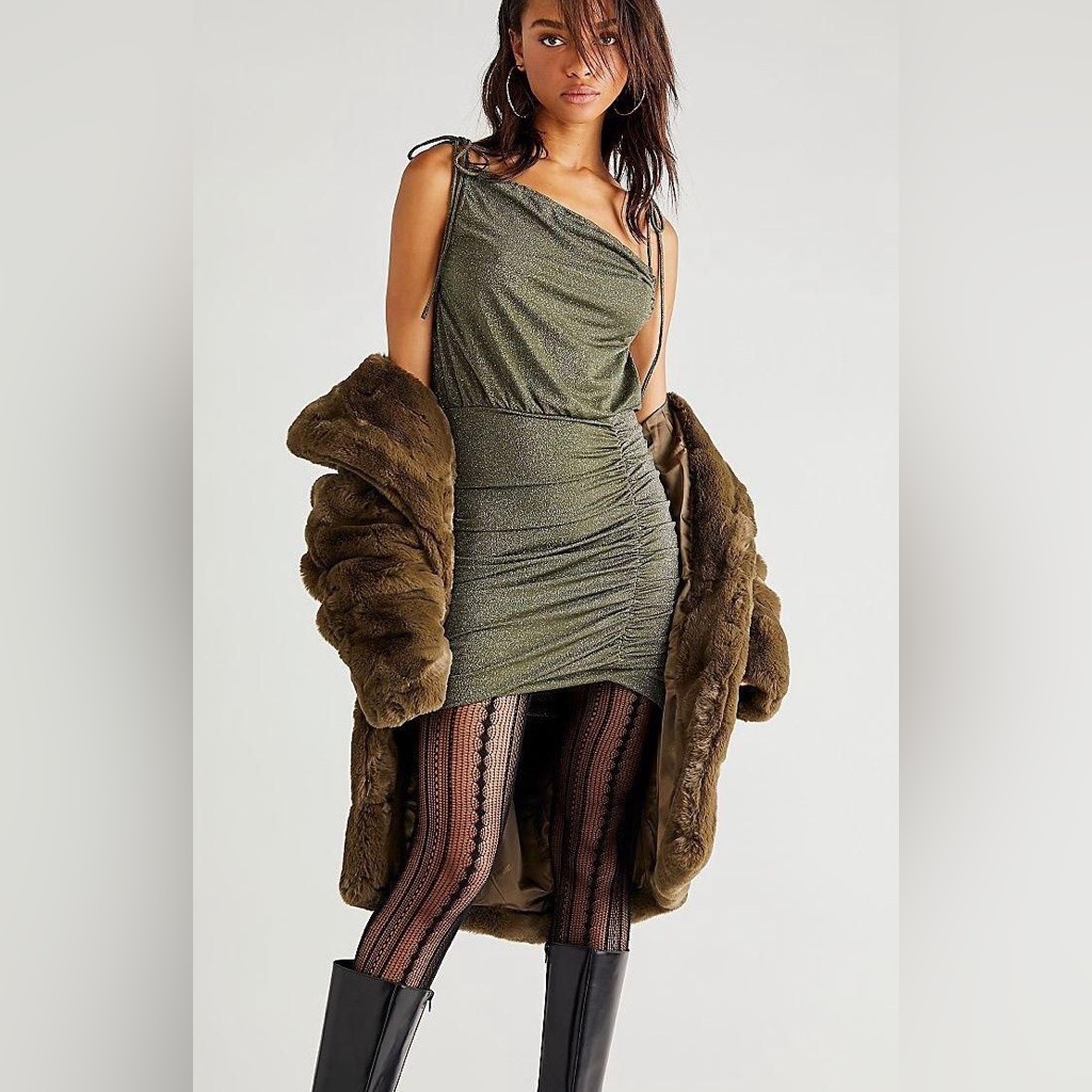 Free People Olive Green One-Shoulder Ruched Mini Dress